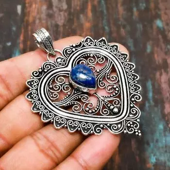 Лазурит, ювелирный кулон ручной работы из твердого серебра 925 пробы с драгоценными камнями 2.65 inches синий