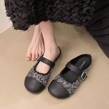 Lazy bag head half slippers one pedal round head Roman style 2025 spring and summer new casual splicing cool slippers women 35 чёрный