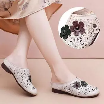 Lazy bag head half slippers women s outer wear mother shoes 2025 new summer hollow breathable flat bottom casual women s shoes 35