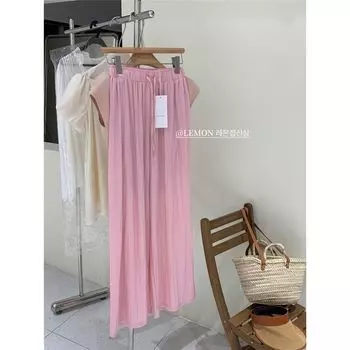 Lazy Lake Blue Wrinkle Thin Loose Drawstring Pants Pink Ice Silk Pants S