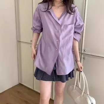 Lazy Loose and Thin Long-sleeved Shirt Woman S жёлтый