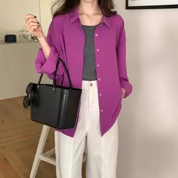 Lazy Loose Purple Long-sleeved Shirt Woman S фиолетовый