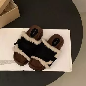 Lazy People Wear Broken Hair Mop 2024 Autumn and Winter New Fashion Warm Cotton Slippers Women Soft Flat 35 бежевый