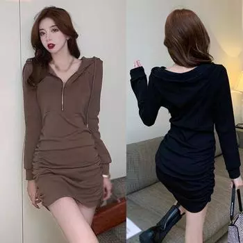 Lazy Style Long Sleeve Zipper Design Spring Casual Dress Hooded Dress M