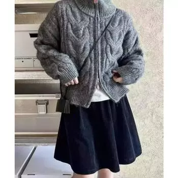 Lazy twist zipper sweater jacket autumn and winter women s small lapel short design knitted cardigan top one size fits all