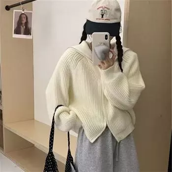 Lazy wind cardigan women s knitted top versatile autumn and winter small short loose wear navy collar sweater jacket one size fits all