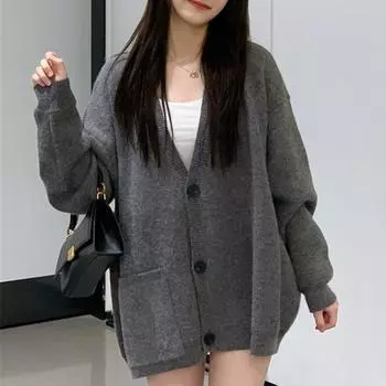 Lazy Wind Gray Knitted Cardigan Women s Fall Loose Sweater Jacket In The Middle of The Long Paragraph Tops Comfortable Versatile and Fashionable One size серый