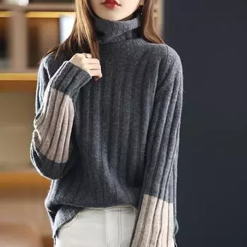 Lazy Wind High Neck Pit Stripes Black Sweater Women Fall and Winter Inside Loose Thickened Open Bottoming Knit Sweater Comfortable and Versatile one size серый