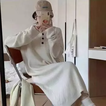 Lazy wind hooded sweater skirt women s autumn new loose knee thickened long knitted dress one size fits all