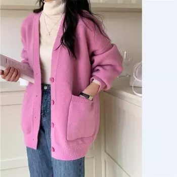 Lazy wind jacket women s autumn new v-neck solid color knitted cardigan women s loose large size sweater women s outer wear average size