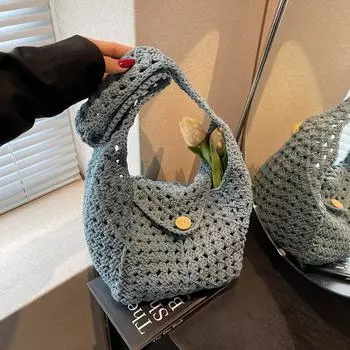 Lazy wind knitted hollow woven bag niche design seaside vacation leisure dumplings shoulder bag messenger bag синий