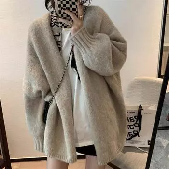 Lazy Wind Knitted Jacket Fall and Winter Versatile Take Gentle Medium-length Sweater Cardigan Female Comfortable Versatile and Fashionable One size хаки
