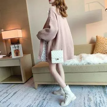 Lazy wind lace bubble sleeve knitted cardigan sweater jacket women s loose and thin autumn and winter medium and long top S size [recommended 80-47.5kg] розовый