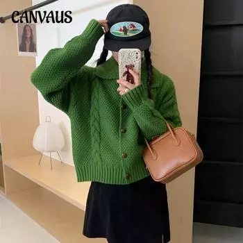 Lazy Wind Polo Lapel Свитер Куртка Женская Осень и Зима Мягкий Трикотажный Кардиган One size зелёный