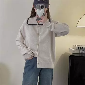 lazy wind sweater women s 2024 autumn and winter new single-breasted double-buckle age-reducing solid-color versatile knitted sweater cardigan women one size fits all абрикосовый