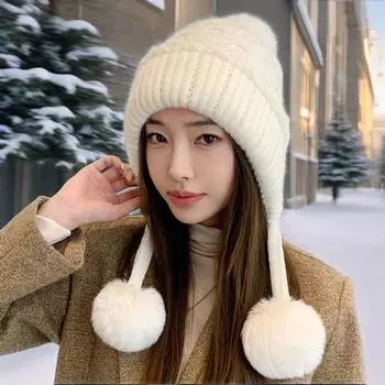 Lazy wind thickened double-layer ear protection and cold-proof three-fur ball rabbit fur hat plus velvet face protection knitted hat M