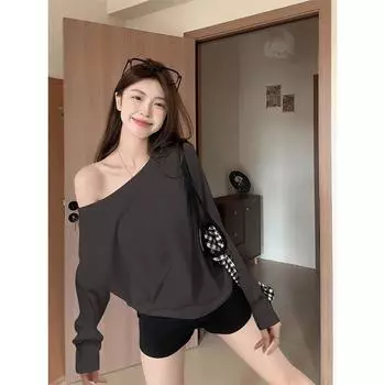 Lazy Zhang Xiaoyi Fleece-lined off-the-Shoulder Long Sleeves T-shirt