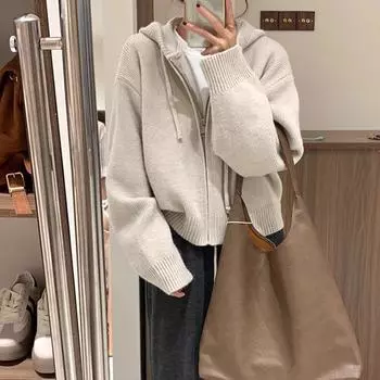 Lazy Zipper Outer Wear Cardigan Early Autumn Hooded Sweater Apricot S([Recommended 37.50 kg-45.00 kg]])