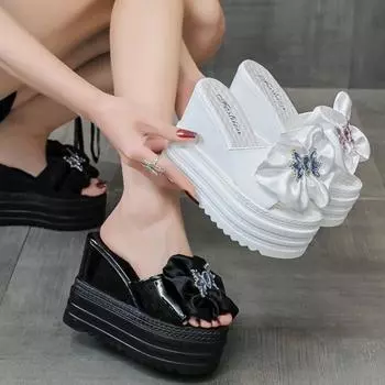 LazySea/женские шлепанцы на очень высоком каблуке 12 см, шлепанцы с кристаллами и бабочками, увеличивающие рост, женские свадебные туфли, летняя обувь на платформе 34 розовый