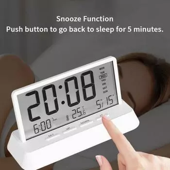 LCD Digital Alarm Clock Transparent Date Week Temperature Display Three Alarms 12/24H Snooze Table Clock Batteries Powered белый