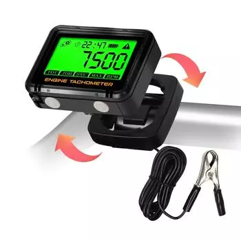 LCD Digital Tachometer Engine Tach Hour Meter Gauge Inductive Tachometer with Alligator Clip 2 IN 1 Clock Display SVC Alert RPM