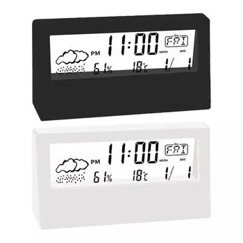 LCD Electric Desk Alarm Clock White With Calendar And Digital Temperature Humidity Modern Home Office Watch Battery Powered белый