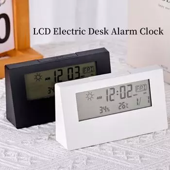 LCD Электрический Настольный Будильник Цифровые Умные Часы с Календарем Измеритель Температуры И Влажности Для Спальни Офиса (Без батареи) белый