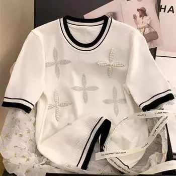 lce шелковые футболки с круглым вырезом и бисером, модная милая вязаная футболка с короткими рукавами, летние свободные черные женские топы XS белый