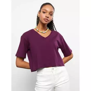 LCW CASUAL Хлопковая женская футболка с прямым V-образным вырезом и короткими рукавами цвета сливы
