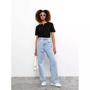 LCW CASUAL Круглый вырез Прямая хлопковая женская футболка с коротким рукавом Черная