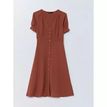 LCW CASUAL Прямое льняное женское платье с v-образным вырезом и короткими рукавами коричневого цвета