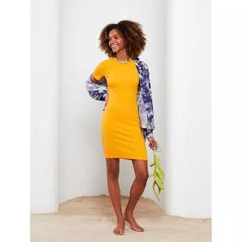 LCW CASUAL Прямое женское платье с круглым вырезом и короткими рукавами оранжевого цвета