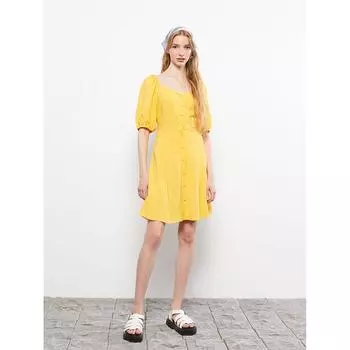 LCW CASUAL Желтое женское платье прямого кроя с коротким рукавом и воротником-стойкой