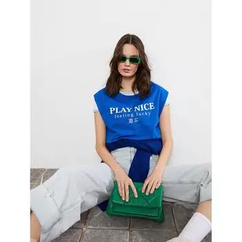 LCW CASUAL Женская футболка с круглым вырезом и принтом с коротким рукавом синего цвета