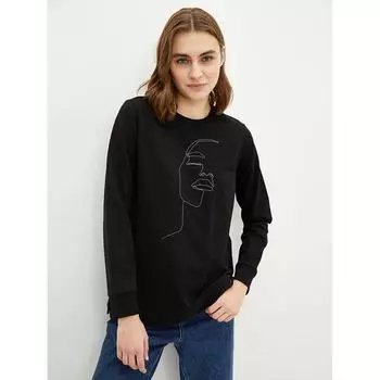 LCW CASUAL Женская толстовка с круглым вырезом и длинными рукавами с принтом, черная