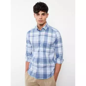 LCW CLASSIC Приталенная мужская рубашка в клетку с длинным рукавом синяя