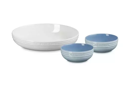 Le Creuset tableware dish bowl wedding bridal heat cold oven Coastal Blue White Luster product sold in 3-piece set, 25cm, 13cm, gift, anniversary,