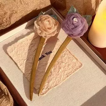 Leaf Hanfu Wooden Hairpins Mesh Simulation Flower Hair Clip Fashion Rose Flower Hair Stick Party style F