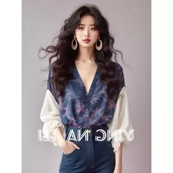 Leak-Picking Chic Beautiful Belly Covering Blue Stitching Shirt Blue S