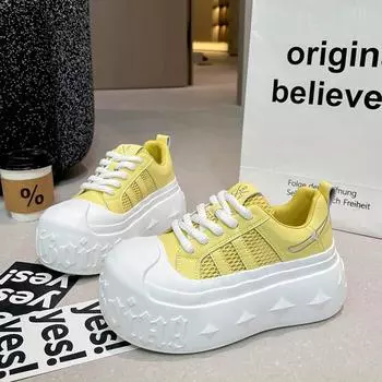 Leather 7cm thick-soled little white shoes women s summer new mesh casual board shoes small height-increasing bread shoes 35