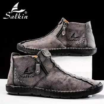 Leather Ankle Boots for Men In High Top Sneakers Luxury Shoes Man Footwear Casual h Motorcycle Boots Man cowboy shoes 43 хаки