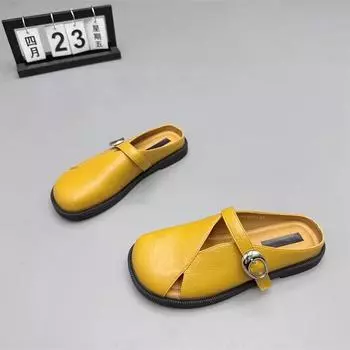 Leather bag head hollow slippers women s summer new outer wear flat-bottomed lazy flat heel versatile one-word cool slippers 35
