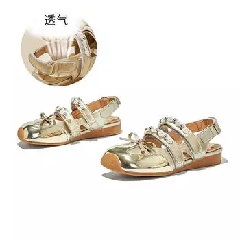 Leather bag head sandals women s 2025 summer new square head Velcro bow Mary Jane shoes rear air German training shoes 35