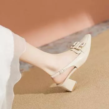 Leather bag head sandals women s summer wear small square head thick heel high heels women s shoes cm medium heel single shoes 34