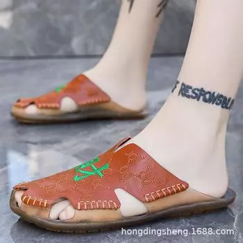 Leather bag head slippers men wear leather drag large size half toxia 38 чёрный