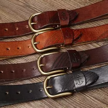 Leather Belt Men s Handmade Carved Trendy Unique Vintage Genuine Leather Pure Cowhide Casual All-Matching Brass Buckle Jeans Belt