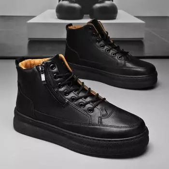 Leather Boots Man Autumn Biker Boot Explosive Style British Simple Platform Lace-up Zipper Water Proof Hard-wearing Men s Shoes 39 чёрный
