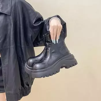 Leather Boots Platform Short Boots Children s Autumn and Winter Fashion Retro Versatile Comfortable Height Increasing Medium Heel Martin Boots 35