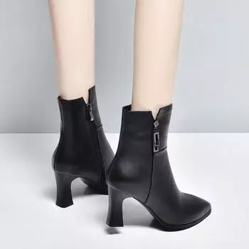 Leather boots women s autumn and winter new first-layer cowhide rhinestone square buckle pointed stiletto fashion boots women s boots 34