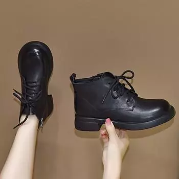 Leather boots women s autumn and winter new first-layer cowhide round head flat-bottomed lace-up Martin boots simple basic women s short boots 35